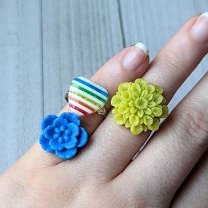 Floral & Heart Ring Set of 3- Blue Blossom, Green Dahlia, Rainbow & White Heart